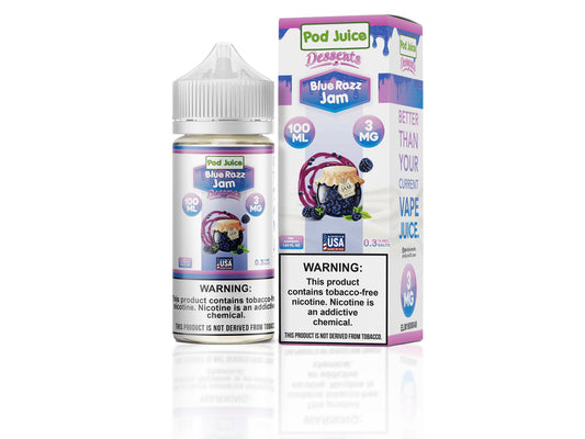 Pod Juice Blue Razz Jam vape juice bottle and packaging on a white background