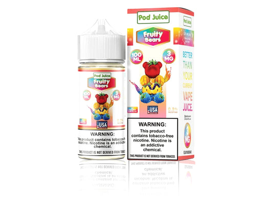 Pod Juice Fruity Bears vape juice bottle and packaging on a white background