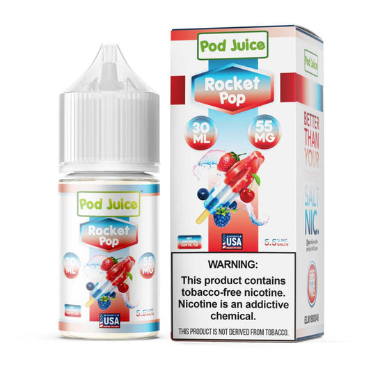 Pod Juice Rocket Pop vape juice bottle and packaging on a white background