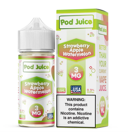 Pod Juice Strawberry Apple Watermelon vape juice bottle and packaging on a white background