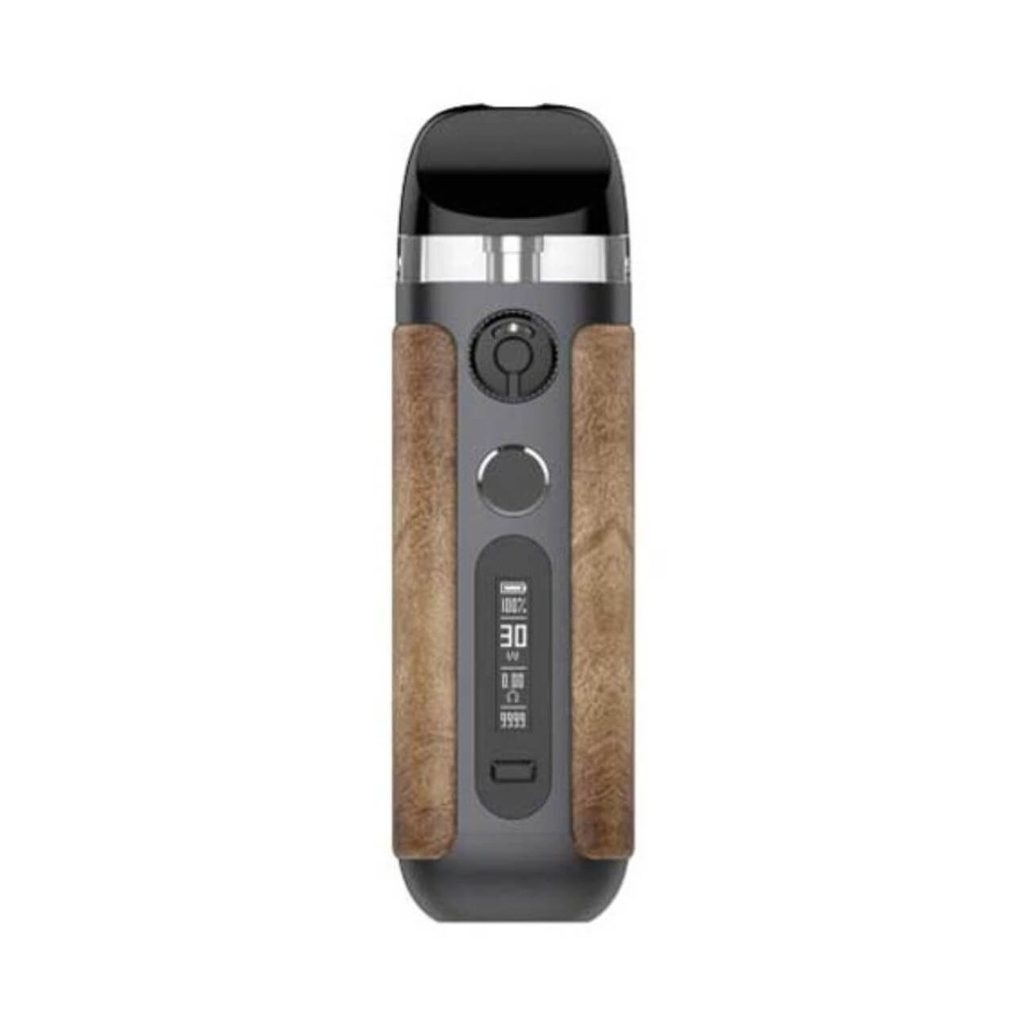 Vape device with wooden accents on a white background