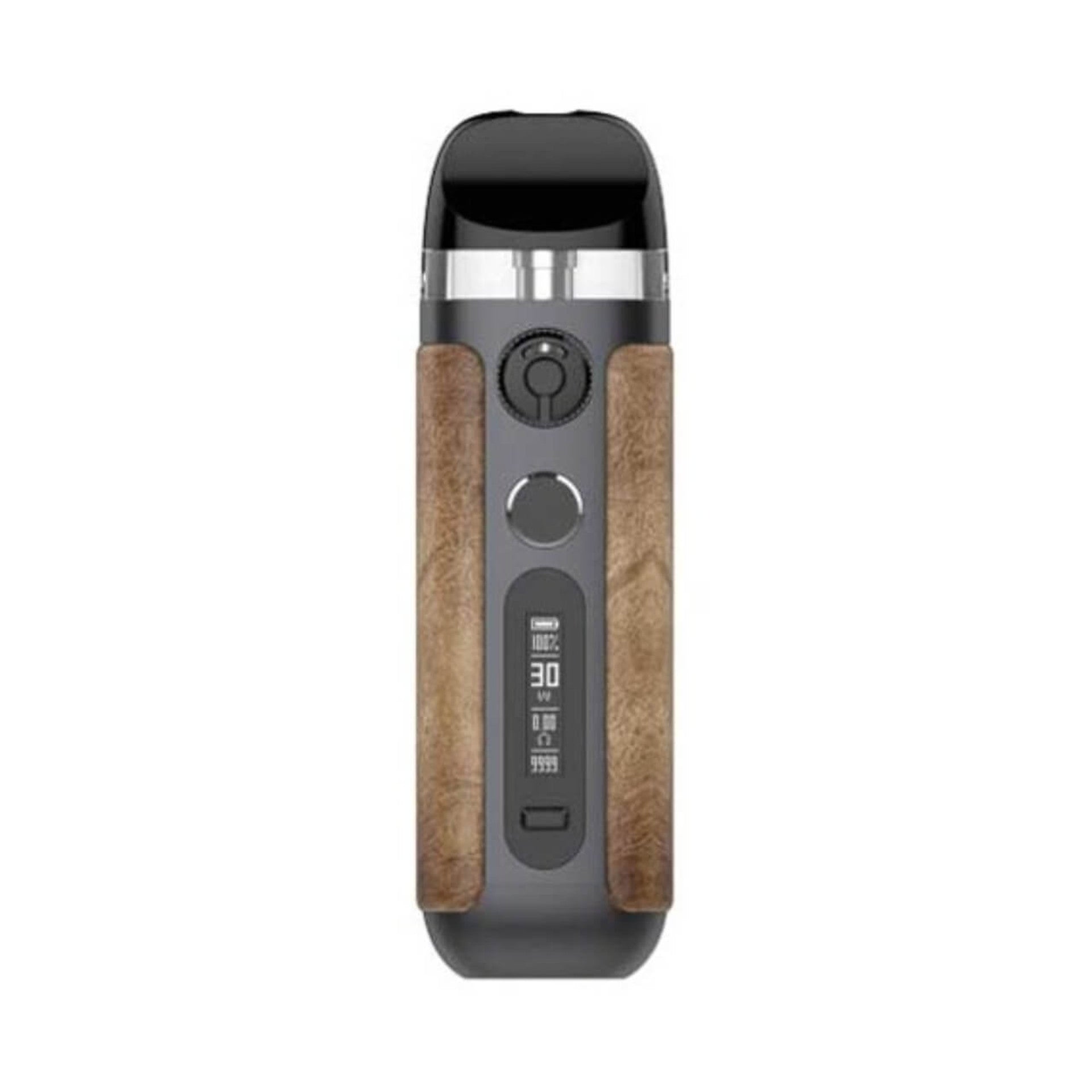 Vape device with wooden accents on a white background
