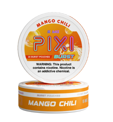 Pixi Burst pouches in Mango Chili flavor on a white background