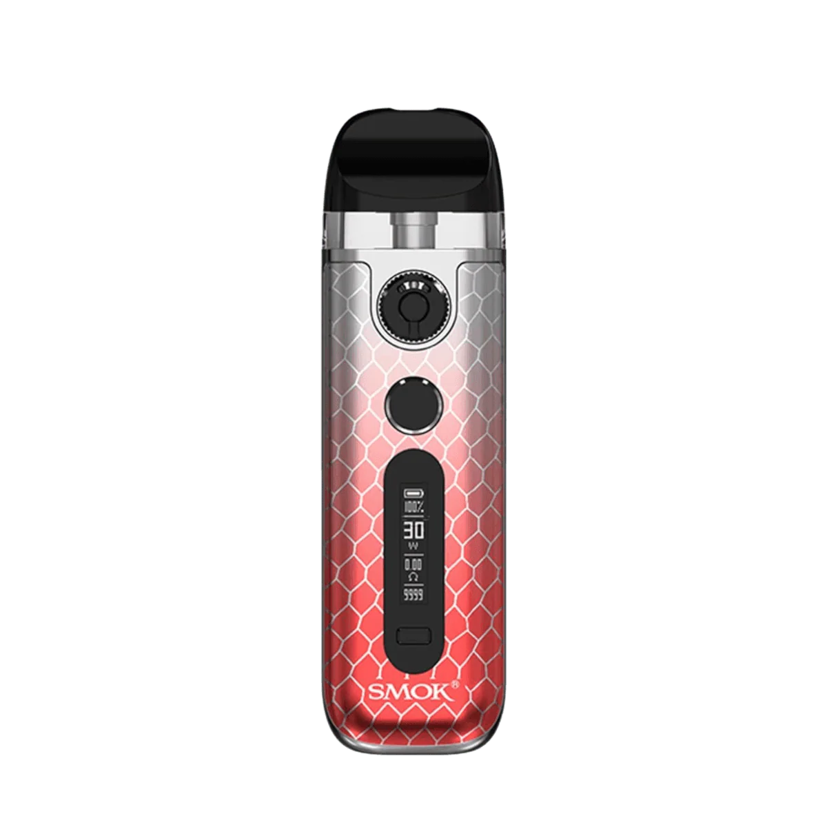 Vape device with red and silver design on a white background