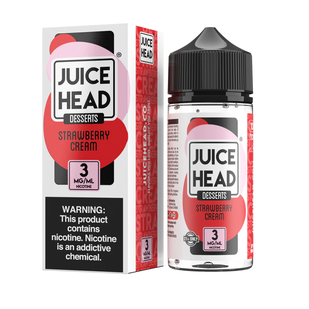 Juice Head Strawberry Cream e-liquid bottle and packaging on a white background