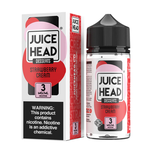 Juice Head Strawberry Cream e-liquid bottle and packaging on a white background