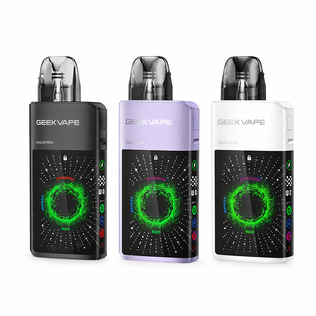 Three GeekVape devices with different color options on a white background