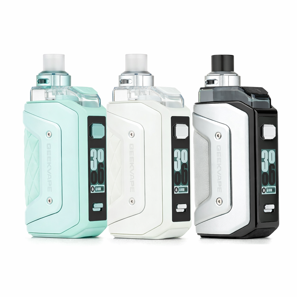 Three vaping devices in different colors on a white background