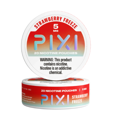 Two containers of Pixi Strawberry Freeze nicotine pouches on a white background