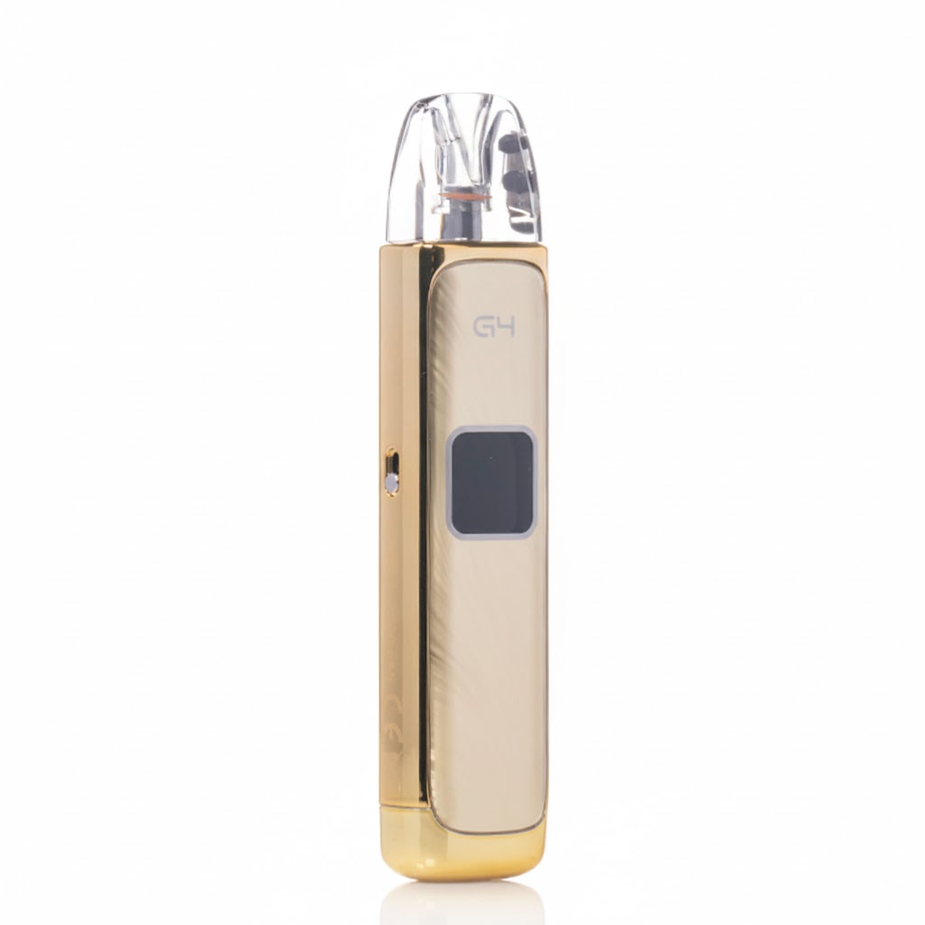 Gold vape device with 'G4' branding on a white background