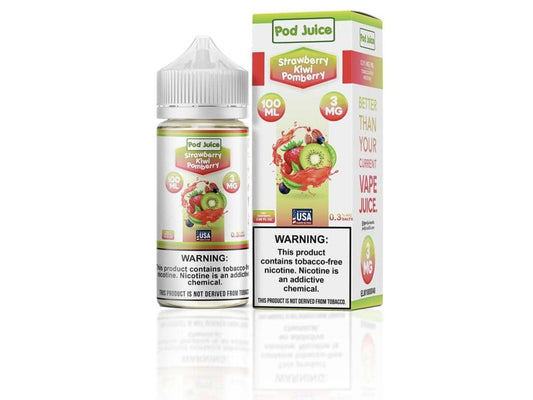 Vape juice bottle and packaging with strawberry kiwi pomberry flavor on a white background