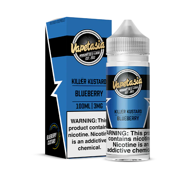 Vapetasia Killer Kustard Blueberry vape juice bottle and packaging on a white background