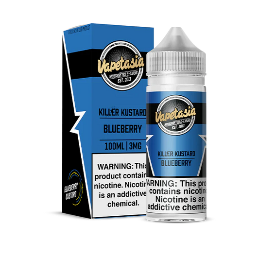 Vapetasia Killer Kustard Blueberry vape juice bottle and packaging on a white background