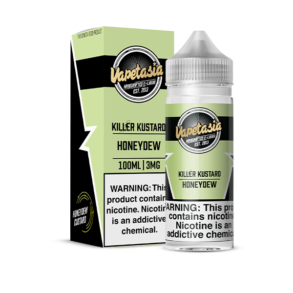 Vapetasia Killer Kustard Honeydew vape juice bottle and packaging on a white background