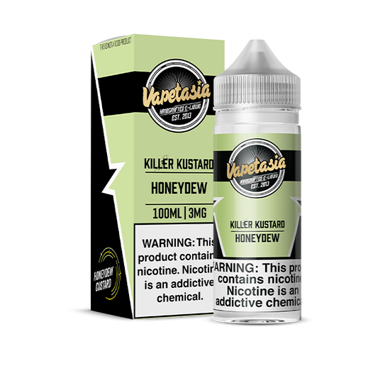 Vapetasia Killer Kustard Honeydew vape juice bottle and packaging on a white background