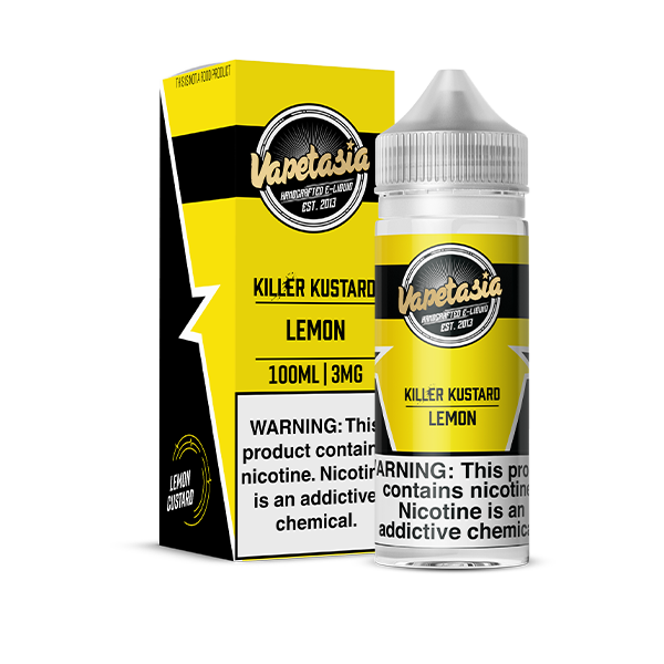 Vapetasia Killer Kustard Lemon vape juice bottle and packaging on a white background