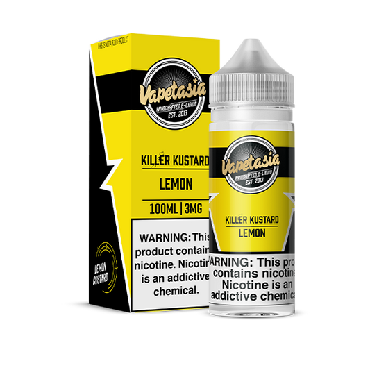 Vapetasia Killer Kustard Lemon vape juice bottle and packaging on a white background