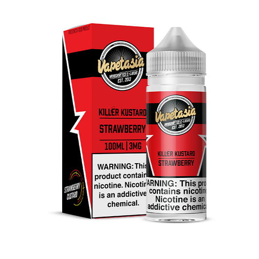 Vapetasia Killer Kustard Strawberry e-liquid bottle and packaging on a white background