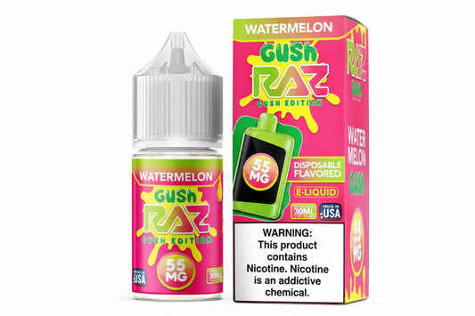 Gush Raz watermelon e-liquid bottle and packaging on a white background