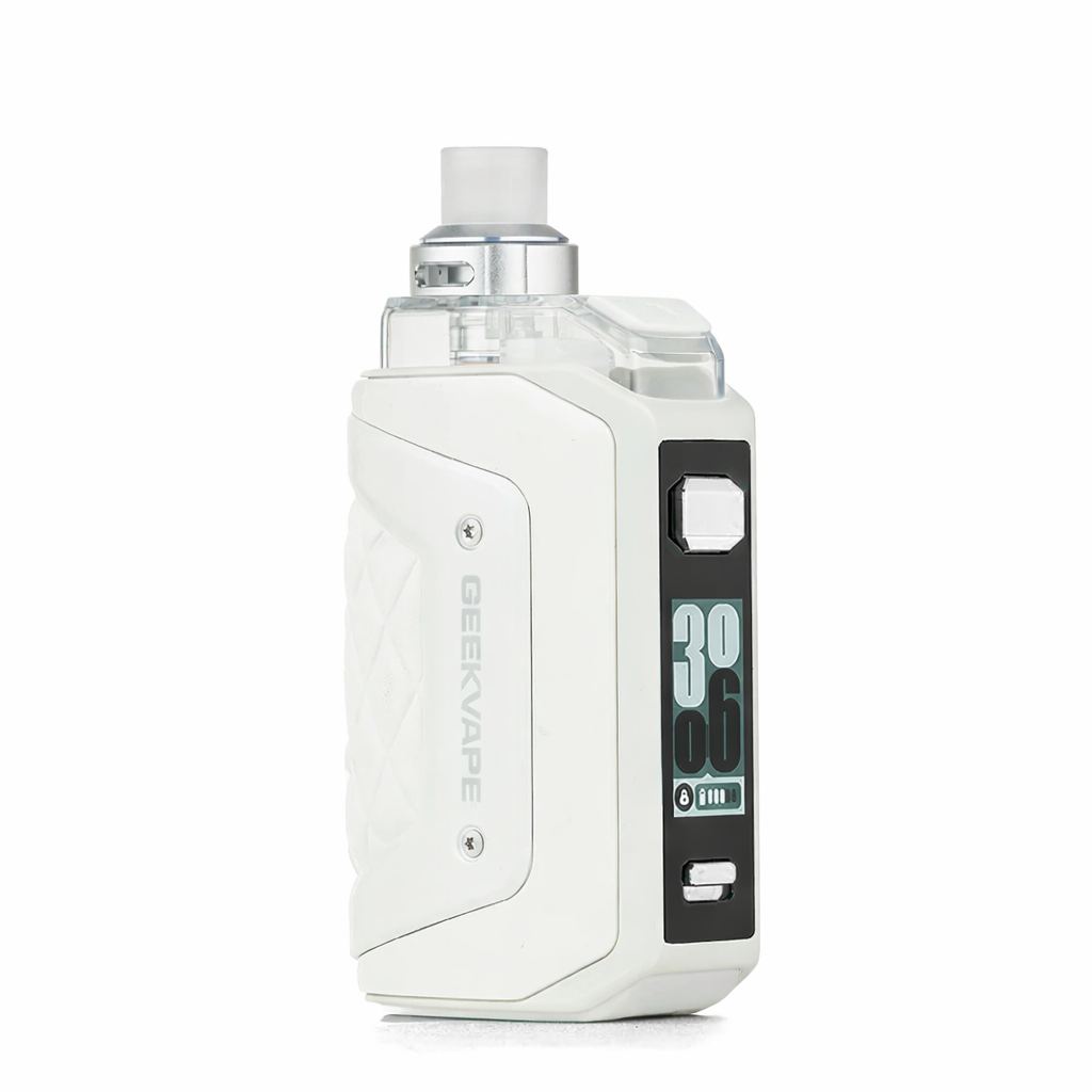 White vape device with digital display on a white background