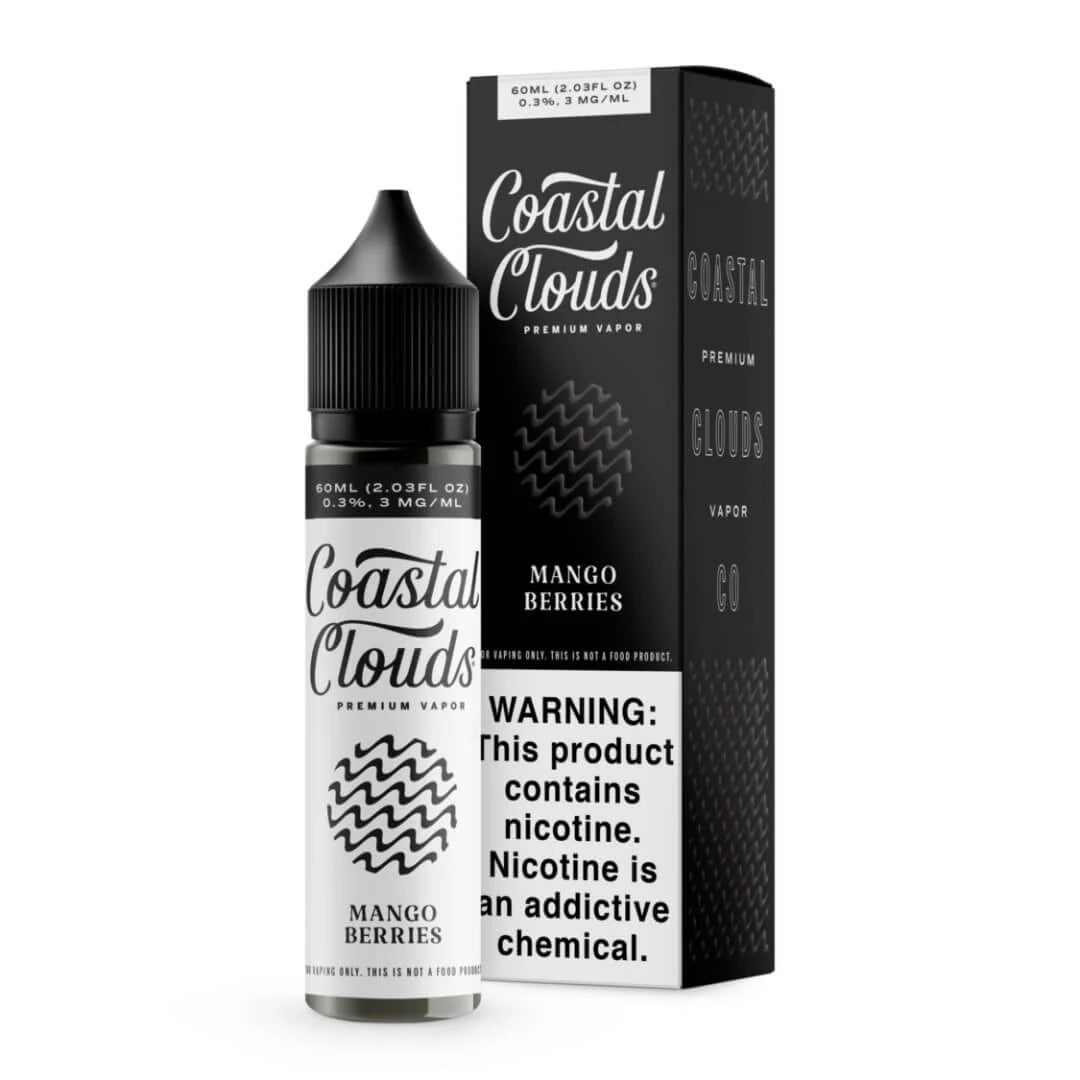 Coastal Clouds Melon Berries vape juice bottle and packaging on a white background