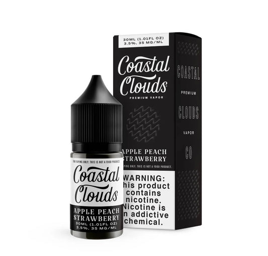Coastal Clouds Blackberry Lemonade vape juice bottle and packaging on a white background