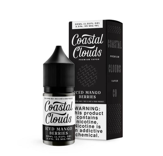 Coastal Clouds Vanilla Custard vape juice bottle and packaging on a white background