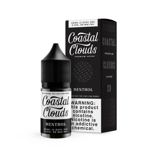 Coastal Clouds Tobacco vape juice bottle and packaging on a white background