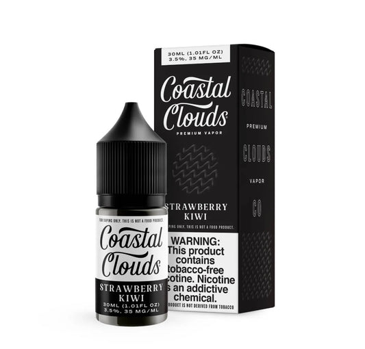 Coastal Clouds Strawberry Ice vape juice bottle and packaging on a white background