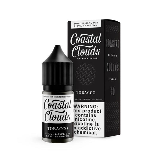 Coastal Clouds Tobacco vape juice bottle and packaging on a white background