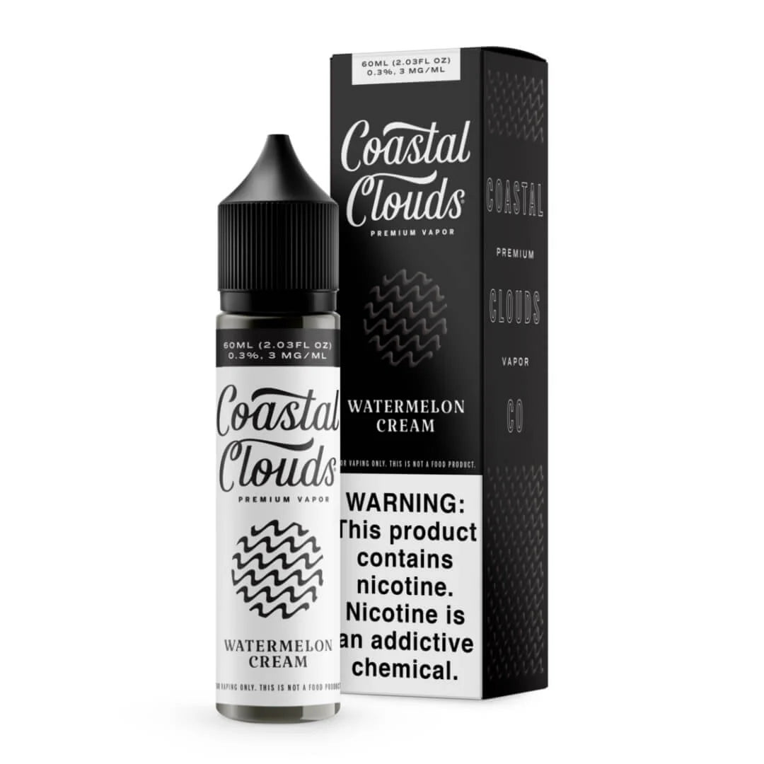Coastal Clouds Maple Butter vape juice bottle and packaging on a white background