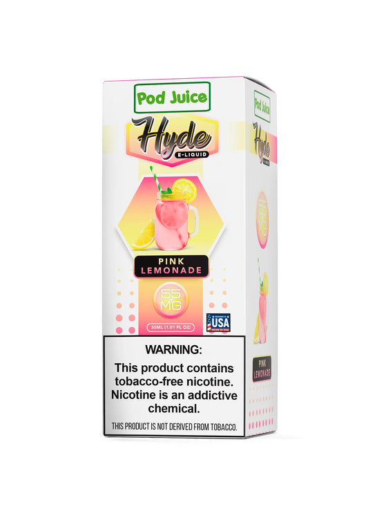 Pod Juice Hyde e-liquid packaging for pink lemonade flavor on a white background