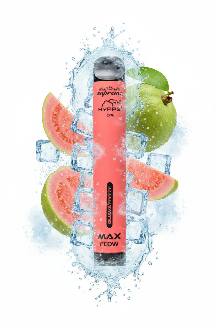 Pink vape pen with branding on a white background