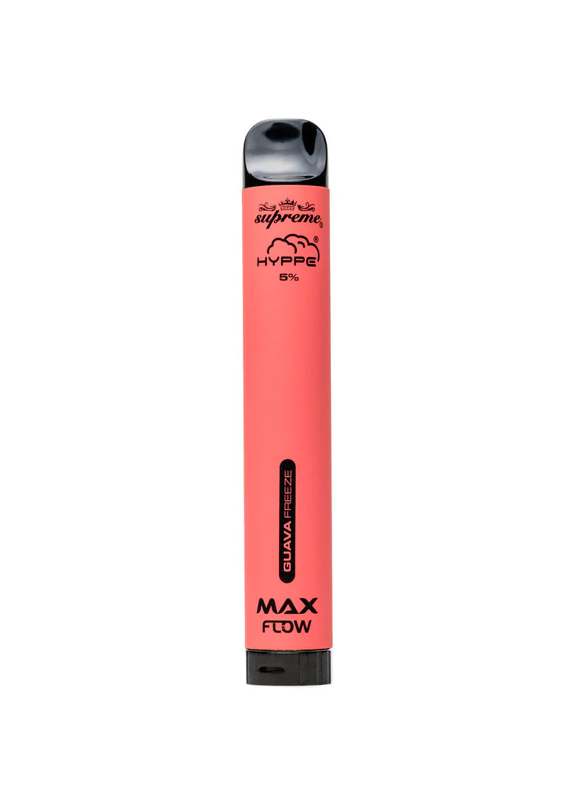 Pink vape pen with branding on a white background