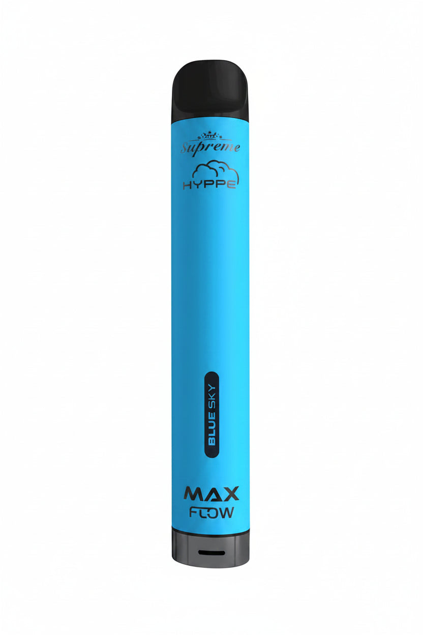 Blue vape pen with black top on a white background