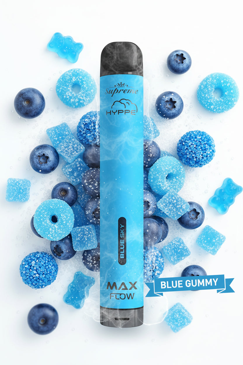 Blue vape pen with black accents on a white background