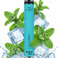 Blue vape pen with mint leaves and water droplets on a white background
