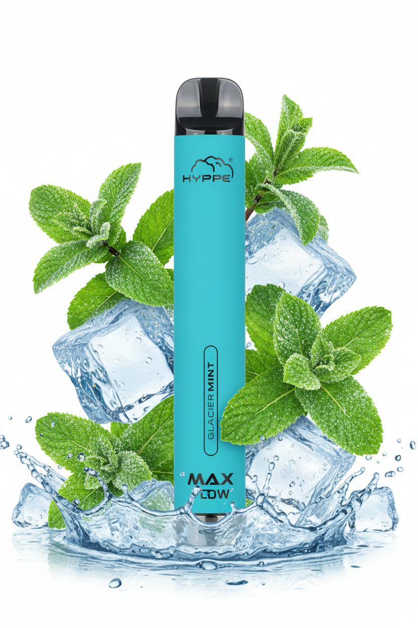 Blue vape pen with mint leaves and water droplets on a white background