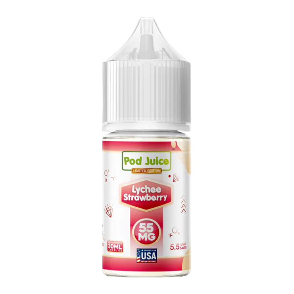 Pod Juice Lychee Strawberry e-liquid bottle on a white background