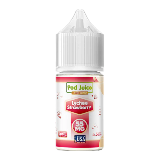 Pod Juice Lychee Strawberry e-liquid bottle on a white background