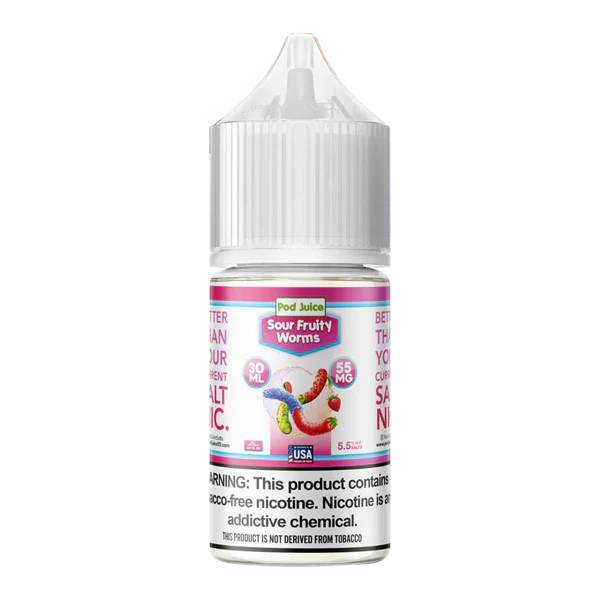 Vape juice bottle labeled 'Sour Fruity Worms' on a white background