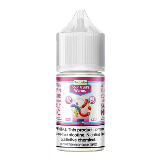 Vape juice bottle labeled 'Sour Fruity Worms' on a white background