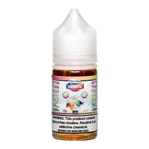 Vape juice bottle with rainbow label on a white background