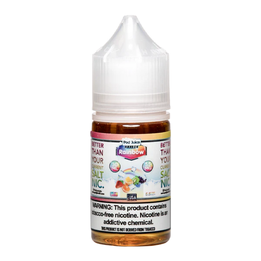 Vape juice bottle with rainbow label on a white background