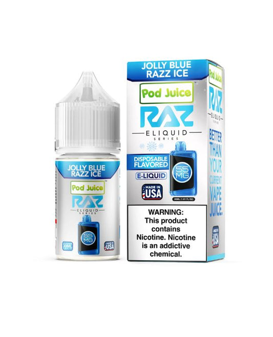Pod Juice RAZ e-liquid bottle and packaging on a white background