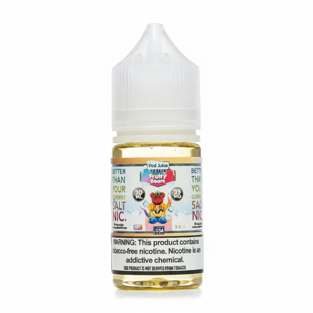 Vape juice bottle with label on a white background
