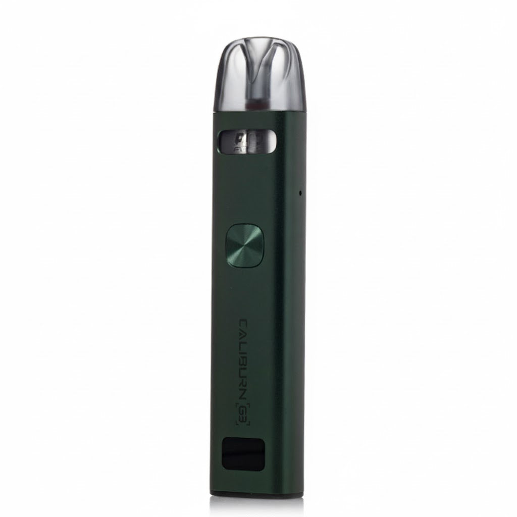 Green vape device with 'Caliburn' branding on a white background
