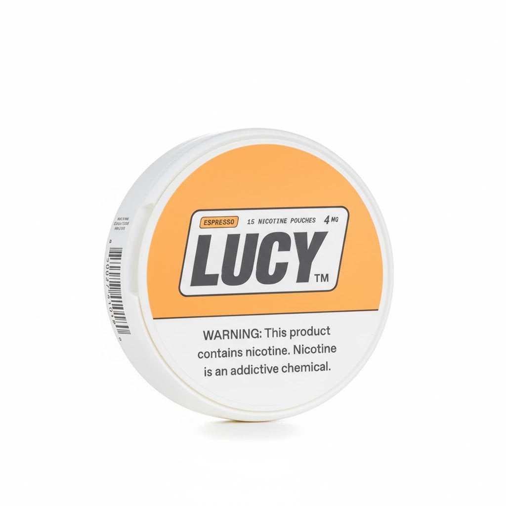 Lucy nicotine pouch container with orange label on a white background