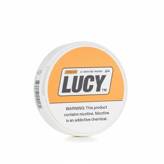 Lucy nicotine pouch container with orange label on a white background