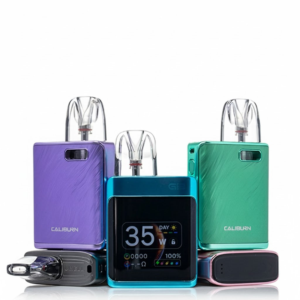 Three Caliburn vaping devices in purple, blue, and green on a white background